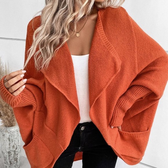 Burnt Orange Boho Womens Waterfall Collar Batwing Sleeve Cardigan - Picture 4 of 5